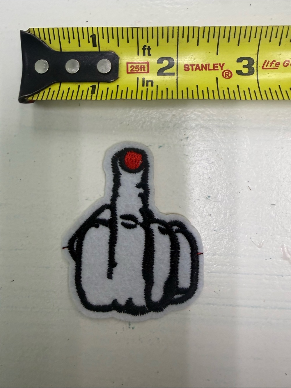 White & Black Embroidered Middle Finger Patch with Red Accent